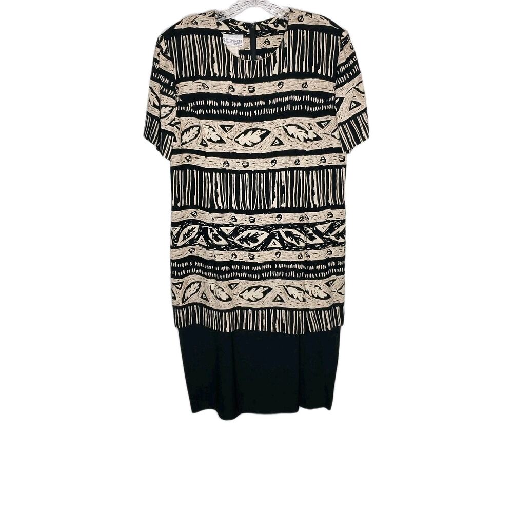 KC Spencer Womens Black Beige Leaf Print Sheath Dress SZ 12 Short Sleeve USA